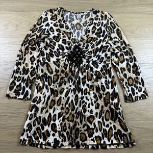Alberto Makali Top Women Large Leopard Vneck Embellished Tie Knot Detail